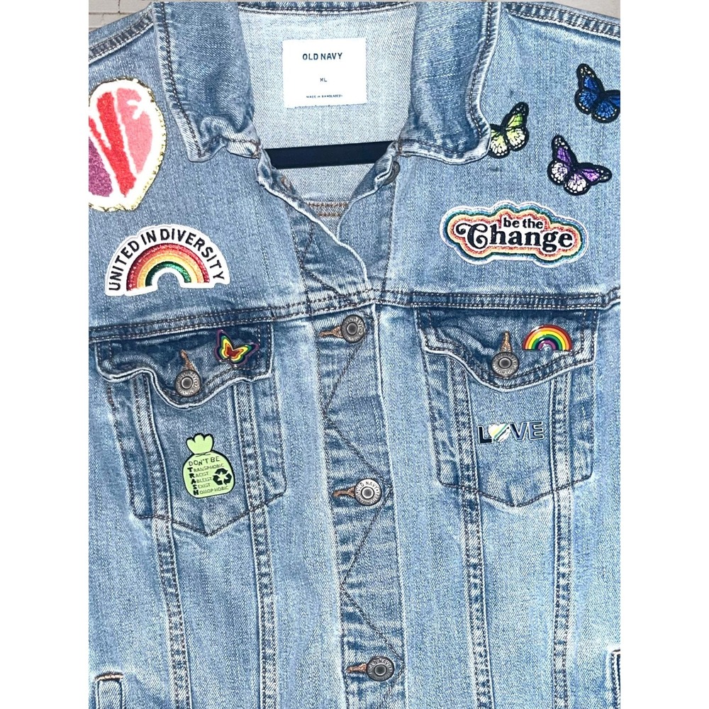 Rainbow Butterflies Pride Boho Festival Patch Denim Jean Jacket LGBTQIA+ sz. XL - Picture 4 of 9